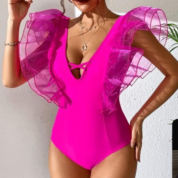 Elegant Pink Ruffle One-Piece Swimsuit - Picture 1 of 6